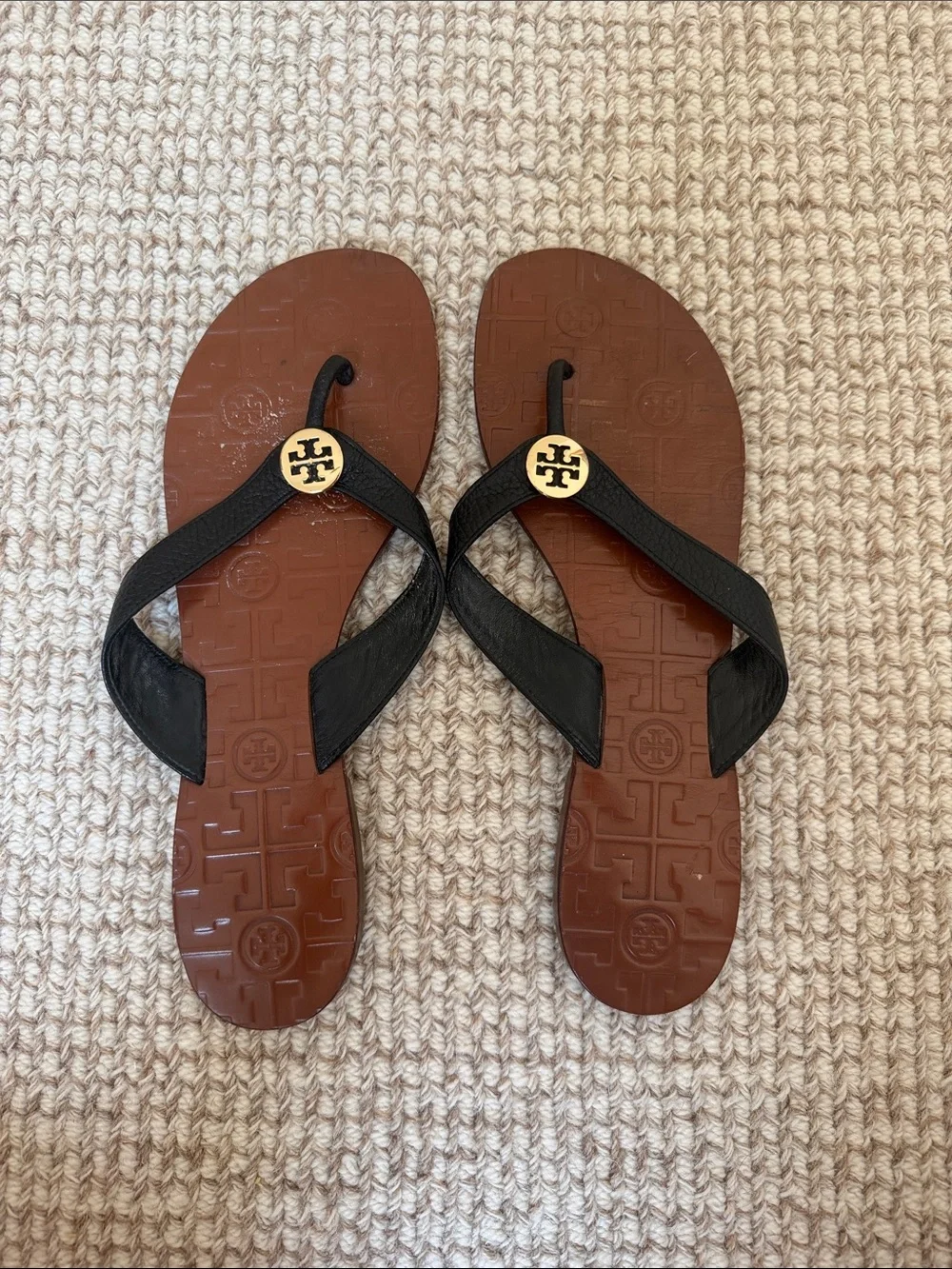 Tory Burch Black Strap Brown Footbed Logo Flip Flops
